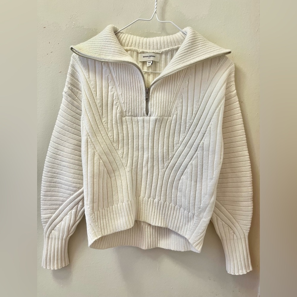 Banana Republic Factory Cream Half-Zip Ribbed Turtleneck Sweater